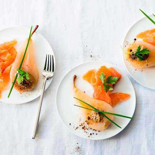 Orange-marinated Organic Salmon with White Wine Pear and Mustard Seeds