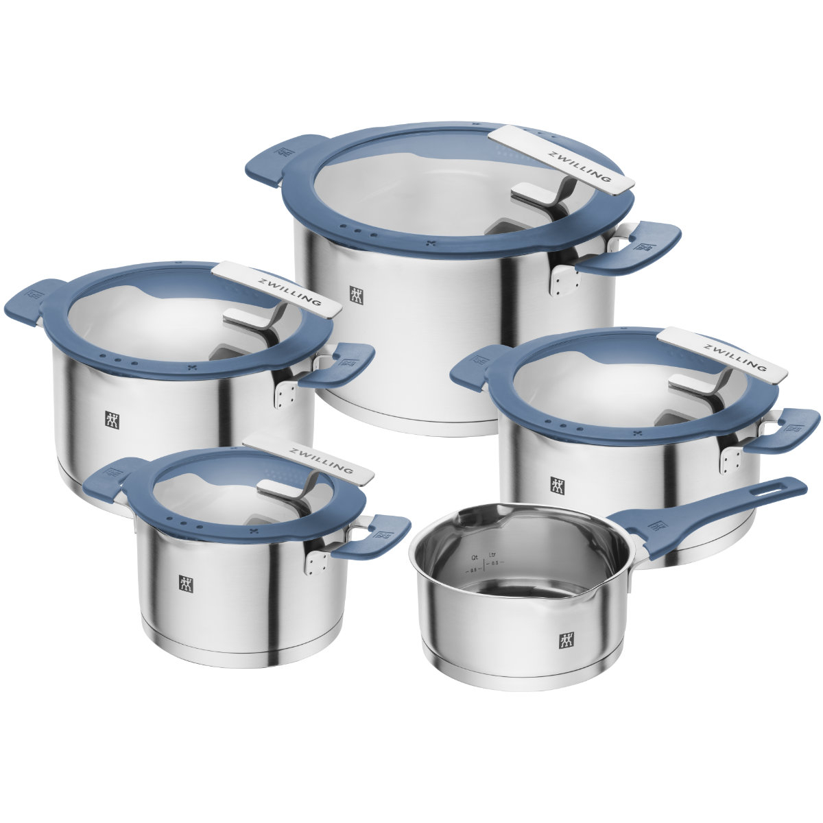 Kochtopfset Simplify  Pastellblau  5-teilig  16 cm20 cm16 cm  rund  Messskala backofengeeignet kratzfest hitzebeständige Griffe
