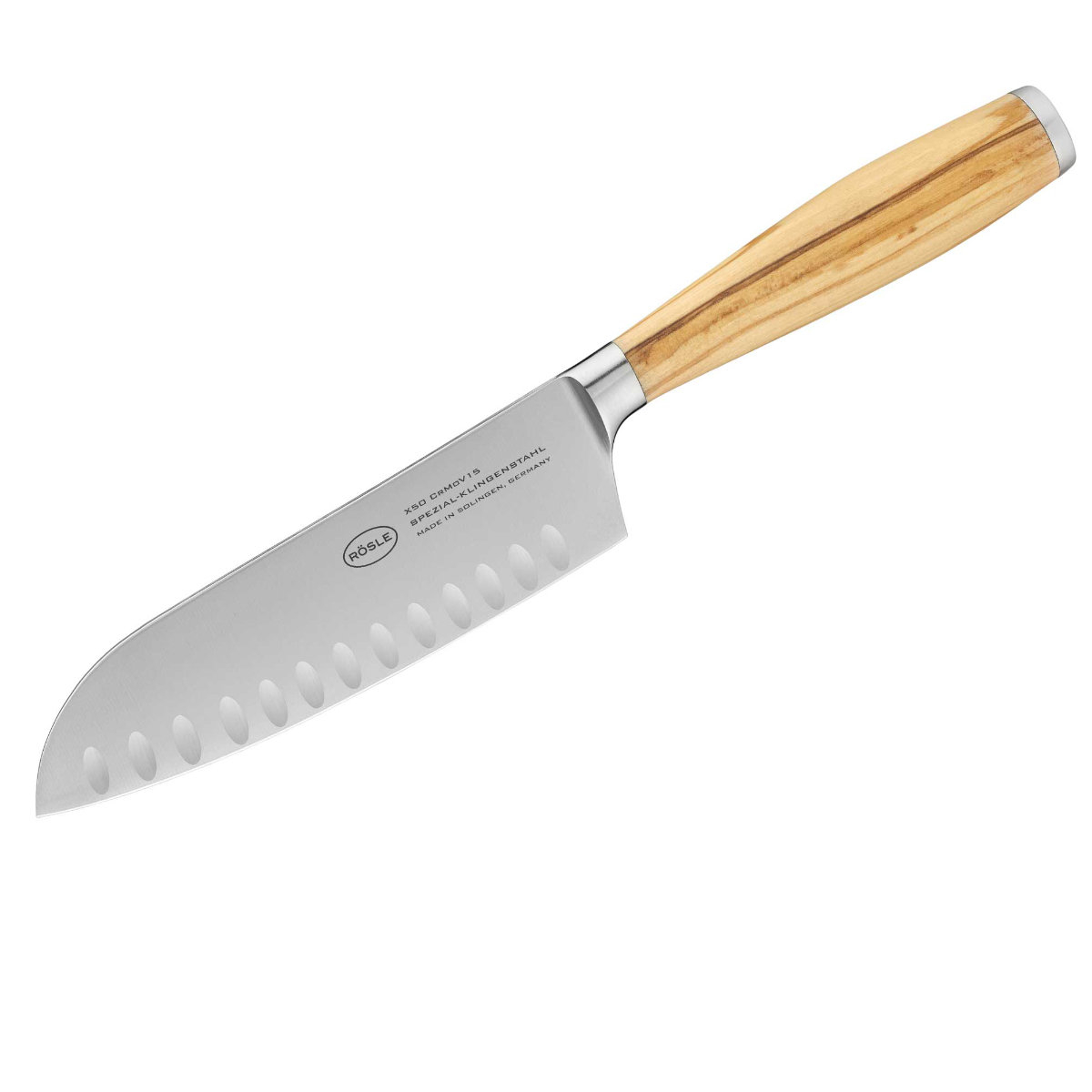 Santokumesser RÖSLE Artesano braun (holzfarben silberfarben) Gesamtlänge 30cm Klingenlänge 165cm Olivenholz Spezialklingenstahl Kochmesser Made in Solingen Kullenschliff Klingenspezialstahl Olivenholz