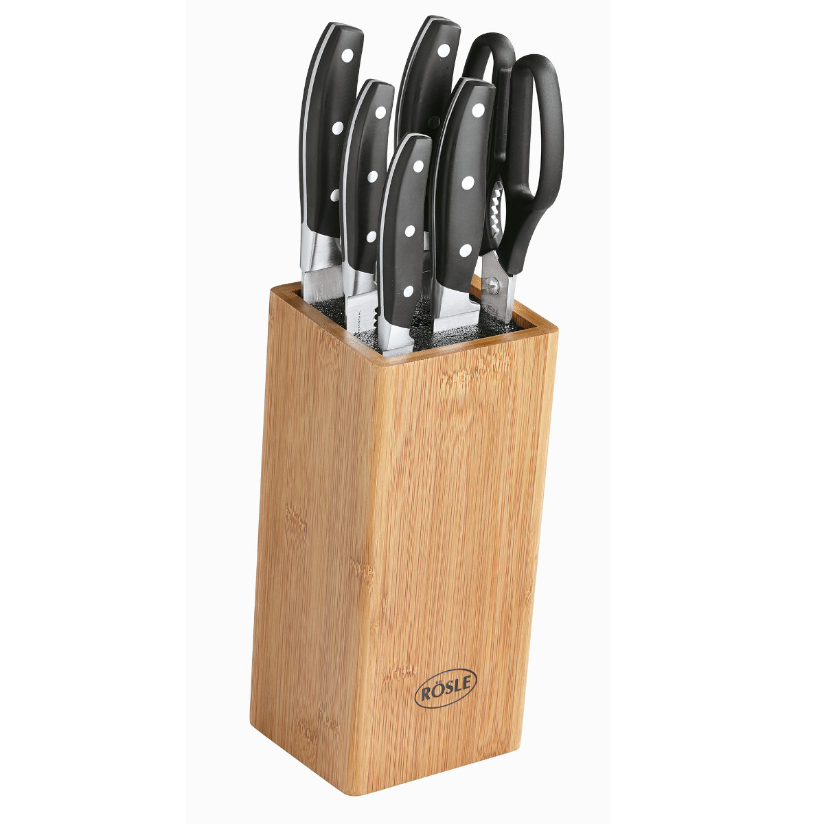 Messerblock RÖSLE Cuisine Messerblöcke braun (braun schwarz) Messerblock Messerblöcke mit Messer aus Bambusholz 5 Messern und Küchenschere Klingenspezialstahl