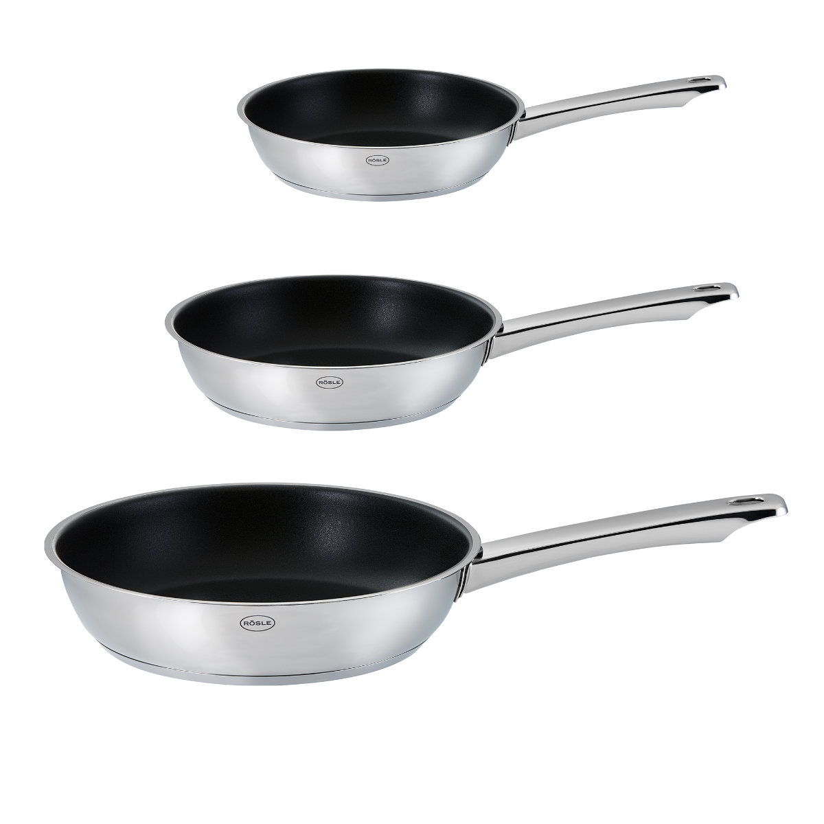 RÖSLE Pfannen-Set MOMENTS Edelstahl 18 10 (Set 3-tlg 1x Bratpfanne Ø 20 cm 1x Bratpfanne Ø 24 cm 1x Bratpfanne Ø 28 cm) mit Antihaftversiegelung Induktion silberfarben