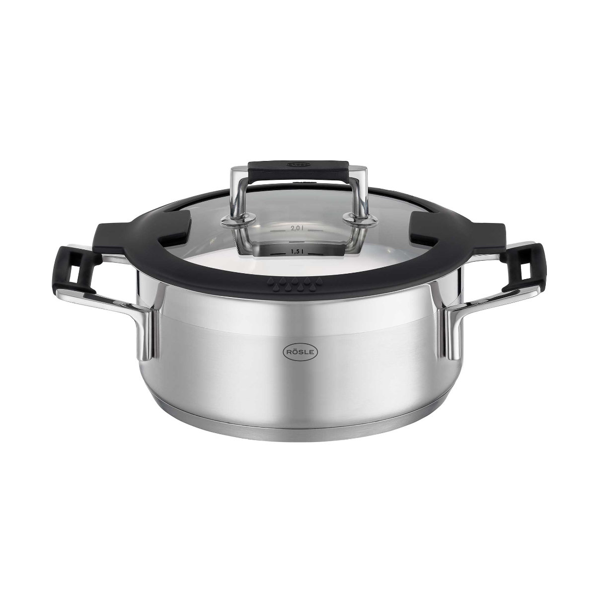 Bratentopf RÖSLE SILENCE PRO Töpfe Gr Ø 20 cm + Höhe 146 cm silberfarben (silberfarben schwarz) Bratentöpfe Innenskalierung Schüttrand spülmaschinengeeignet Ø 20 cm Induktion