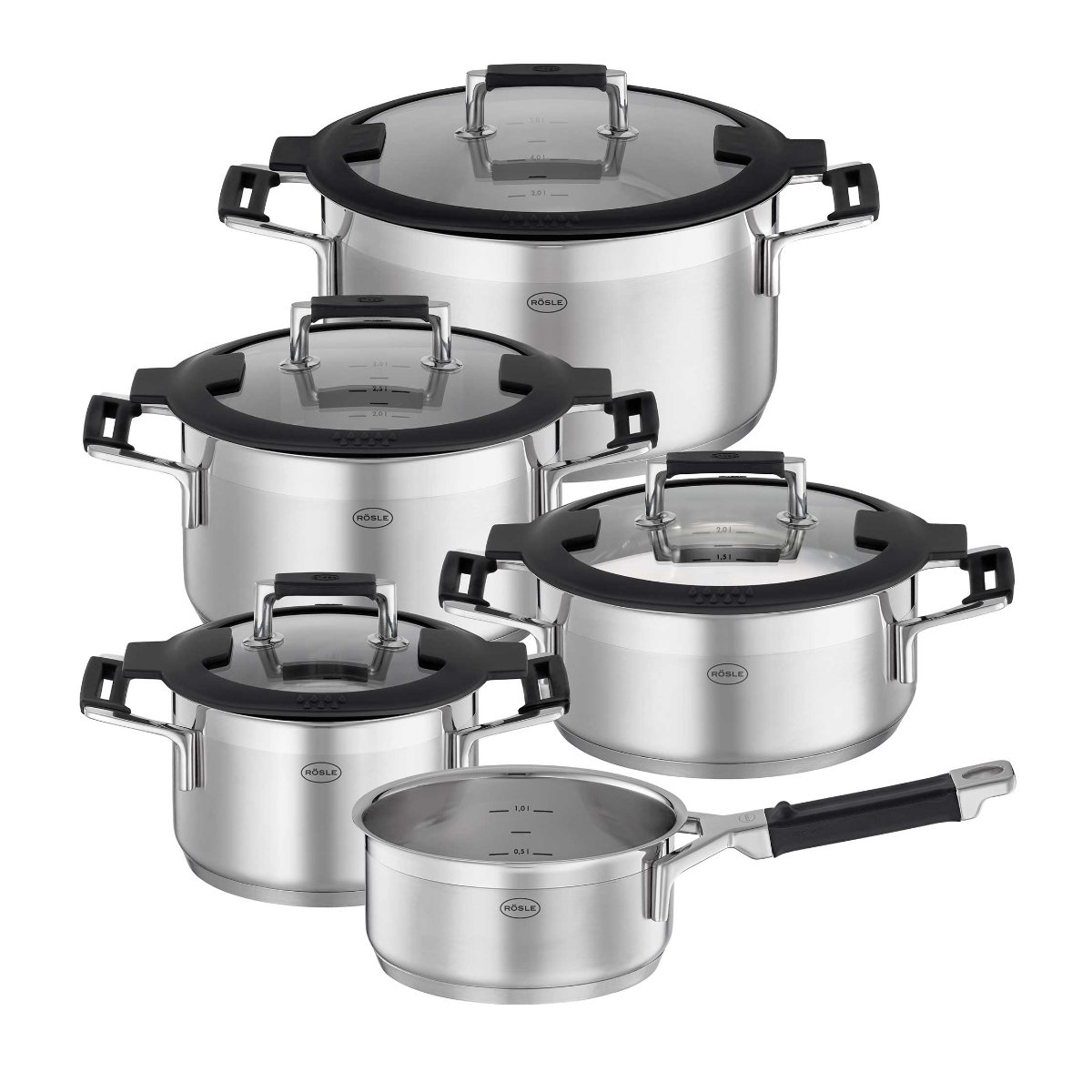 RÖSLE Topf-Set SILENCE PRO Edelstahl 18 10 (Set 5-tlg 1 Kochtopf Ø 16 20 24 cm 1 Bratentopf Ø 20 cm 1 Kasserolle Ø 16 cm) Innenskalierung und Schüttrand spülmaschinen- und induktionsgeeignet schwarz|silberfarben