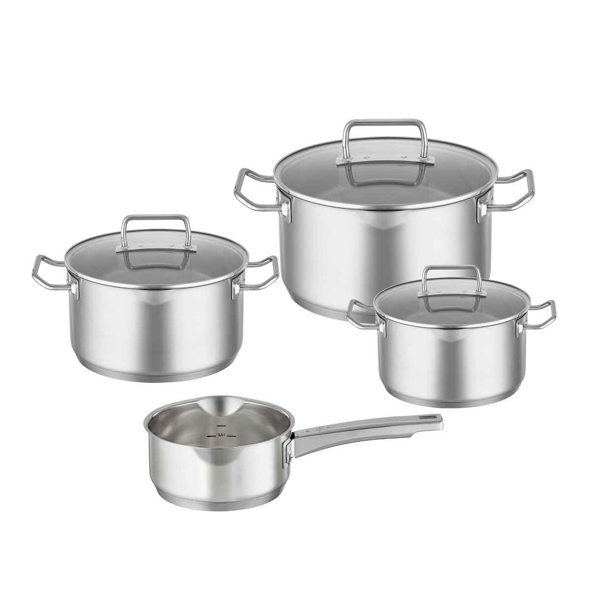 RÖSLE Topf-Set EXPERTISO Edelstahl 18 10 (Set 7-tlg je 1 Kochtopf Ø 16 20 24 cm 1x Stielkasserolle Ø 16 cm) Innenskalierung und Schüttrand spülmaschinen- und induktionsgeeignet silberfarben