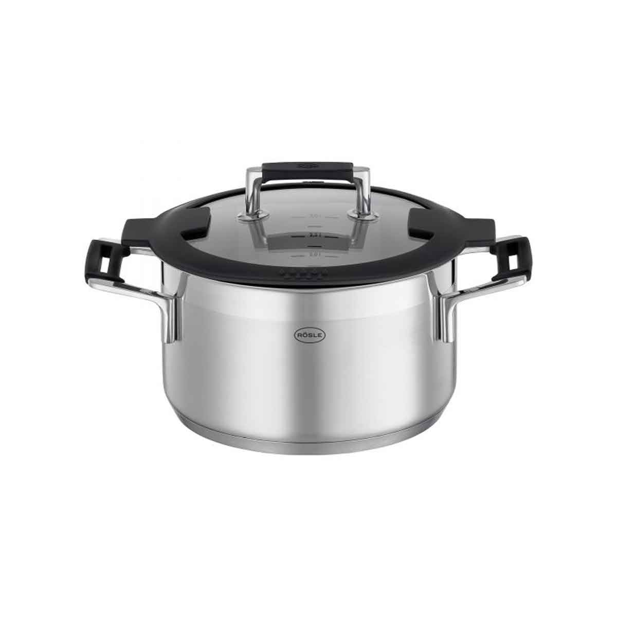Kochtopf RÖSLE SILENCE PRO Töpfe Gr 35 l + Ø 20 cm + Höhe 12 cm silberfarben (silberfarben schwarz) Suppentopf Kochtopf Innenskalierung und Schüttrand spülmaschinen- induktionsgeeignet