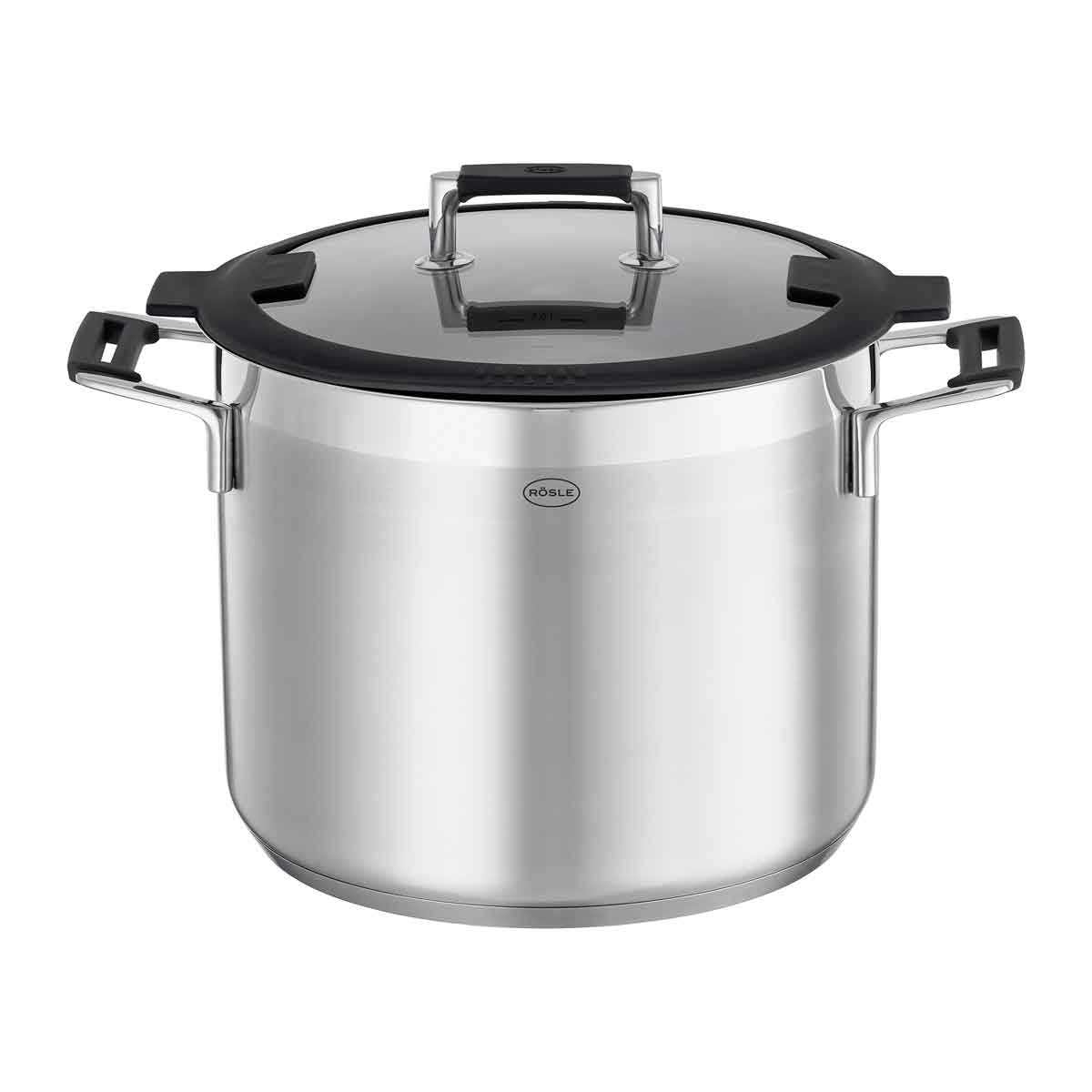 Gemüsetopf RÖSLE SILENCE PRO Töpfe Gr 87 l + Ø 24 cm + Höhe 121 cm silberfarben (silberfarben schwarz) Gemüsetöpfe Suppentopf mit Innenskalierung 87 l Ø 24 cm Induktion