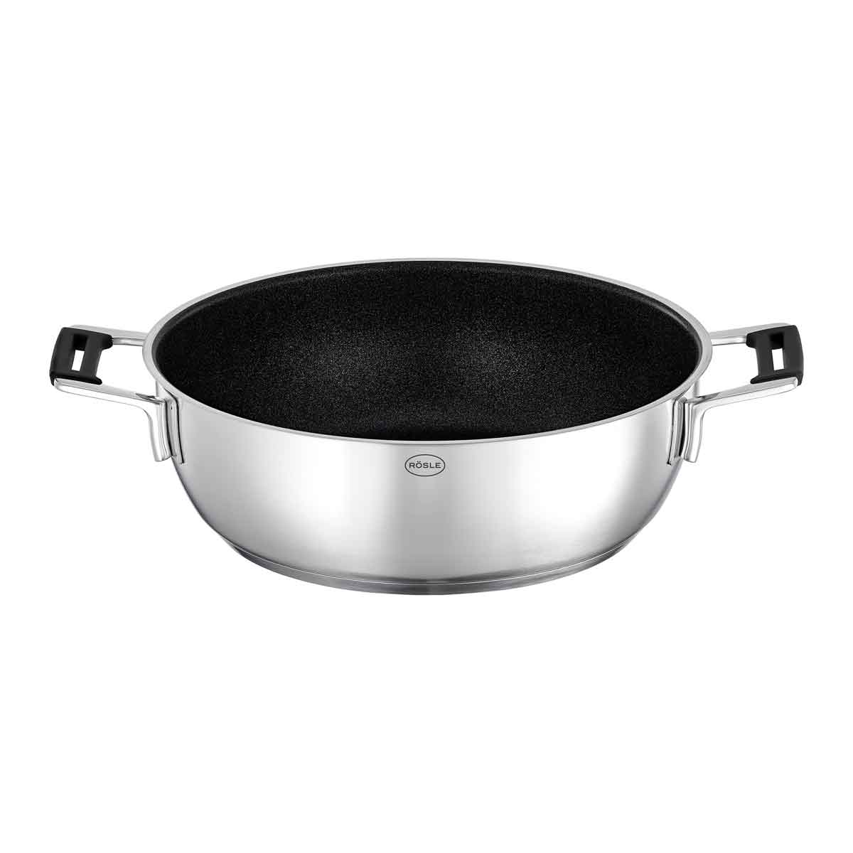 Servierpfanne RÖSLE SILENCE PRO Pfannen Gr Ø 28 cm + Höhe 95 cm silberfarben (silberfarben schwarz) Servierpfannen mit Premium-Antihaftversiegelung ProResist Induktion