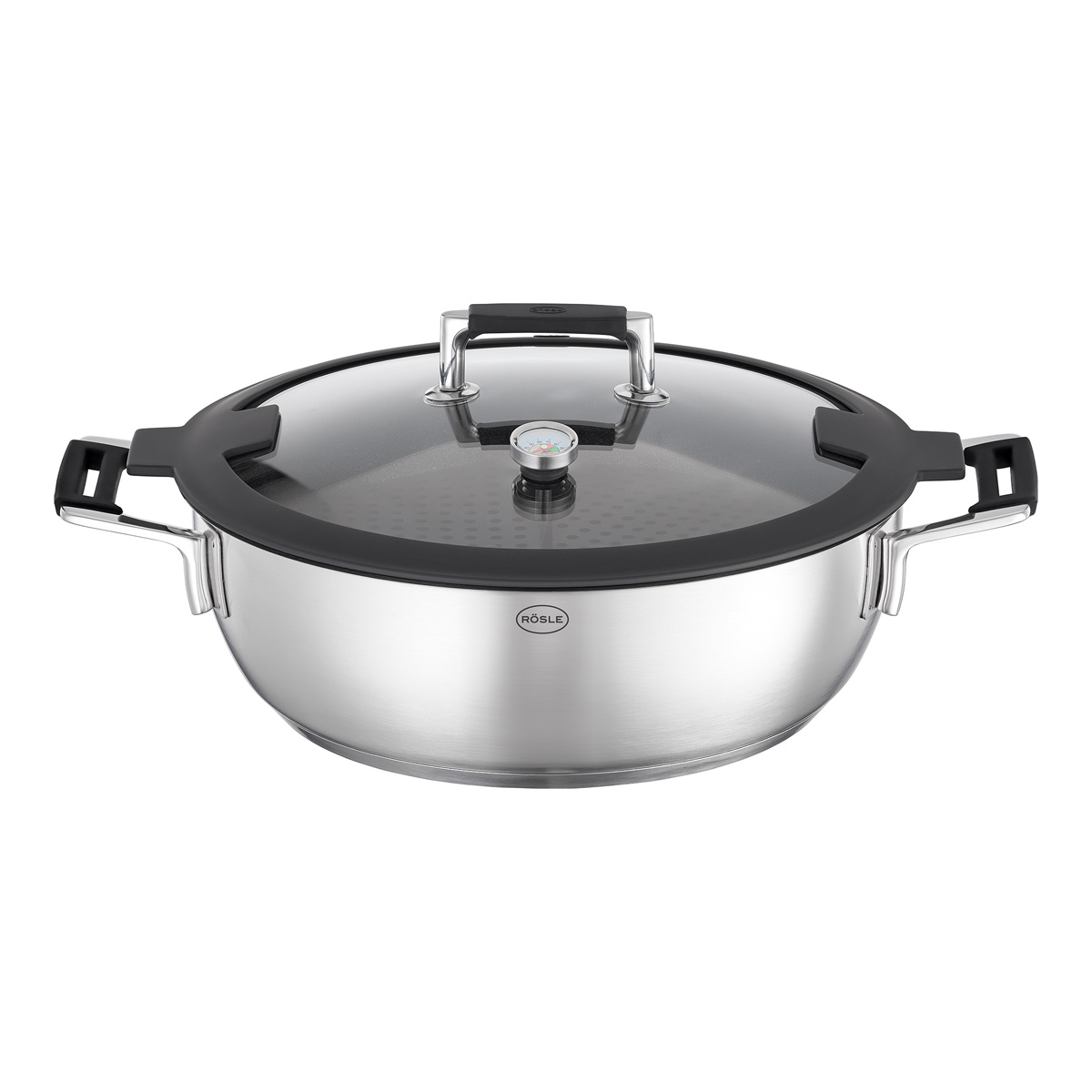 Dampfgartopf RÖSLE SILENCE PRO Töpfe Gr 45 l + Ø 28 cm + Höhe 28 cm silberfarben (silberfarben schwarz) Weitere Töpfe Dampfkochtopf mit Deckelthermometer und Ablagerost Induktion