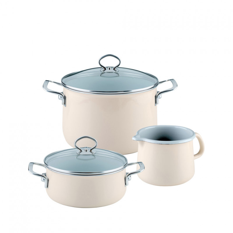Riess, 0520-010, starter set 3-piece, NOUVELLE, AQUAMARIN EXTRA STRONG, consisting of: Meat pan with glass lid 20 cm, casserole with glass lid 16 cm, beak pan 12 cm, enamel