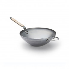 de Buyer Mineral B Bois Wok 32 cm - Iron with Beeswax Coating - Ribbon Steel Handle with Wooden Handle Scales