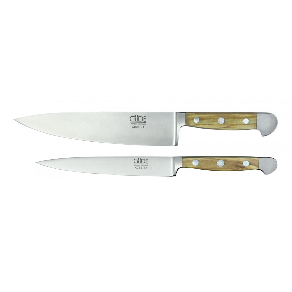 Güde Alpha Olive 2-teiliges Messerset mit Kochmesser 21 cm & Zubereitungsmesser 16 cm - CVM-Messerstahl mit Griffschalen aus Olivenholz