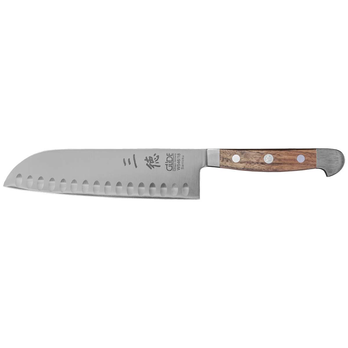 Güde Alpha Walnuss Santokumesser 18 cm mit Kullen - CVM-Messerstahl - Griffschalen Walnussholz