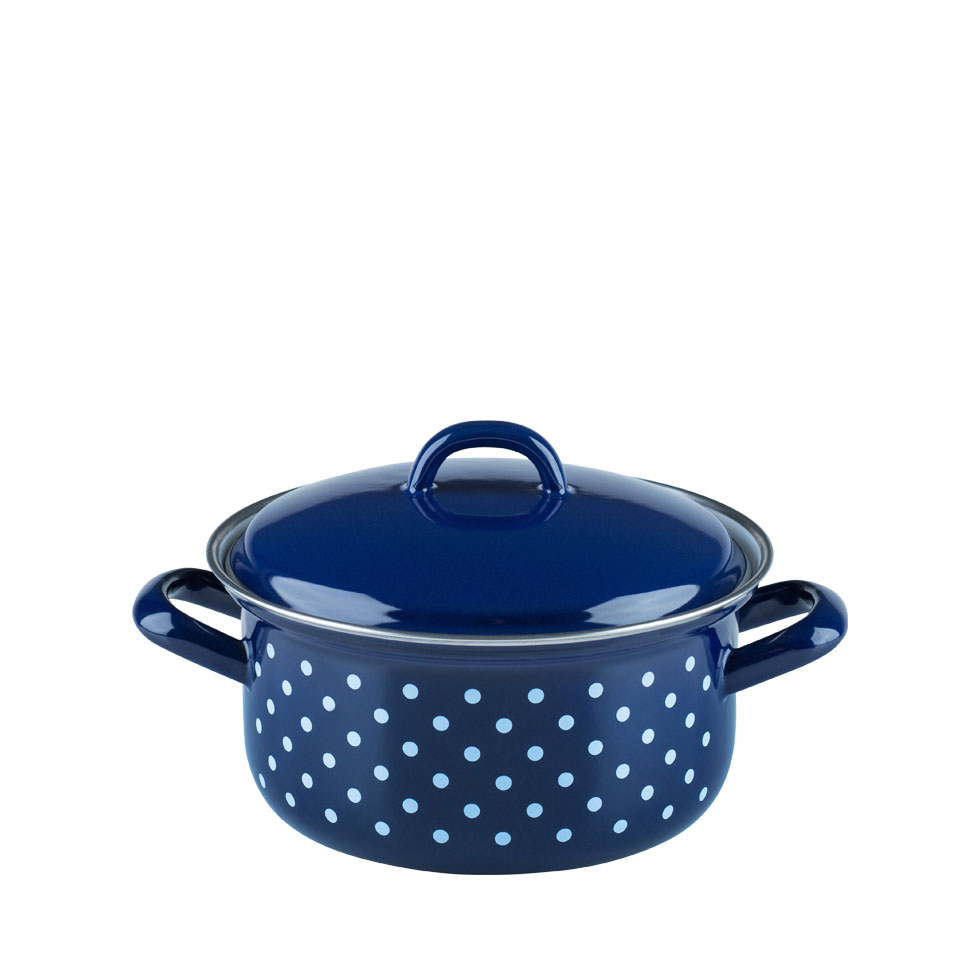 Riess-kelomat - Riess Kasserolle mit Deckel Ø16cm 1 Liter Emaille Country Dirndl Pünktchenblau