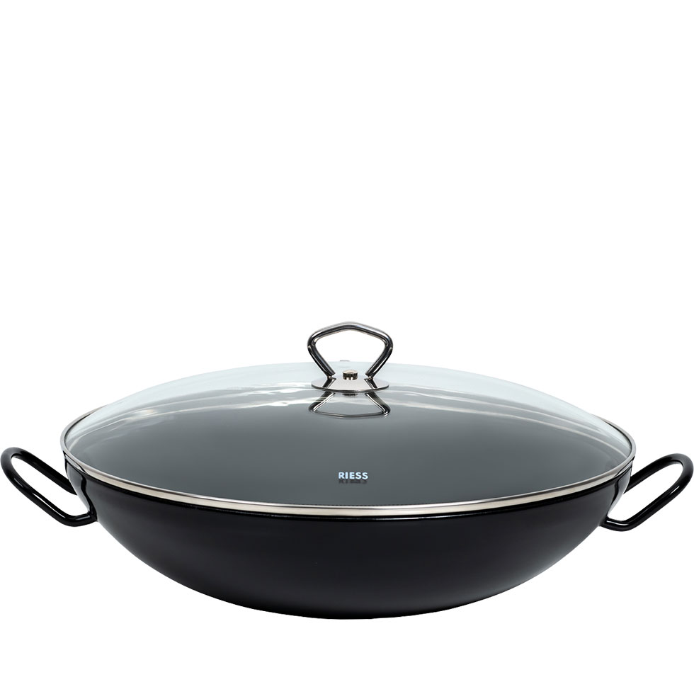 Riess-kelomat - Riess Wok mit Glasdeckel Ø36cm Servierpfanne mit zwei Griffen Emaille schwarz