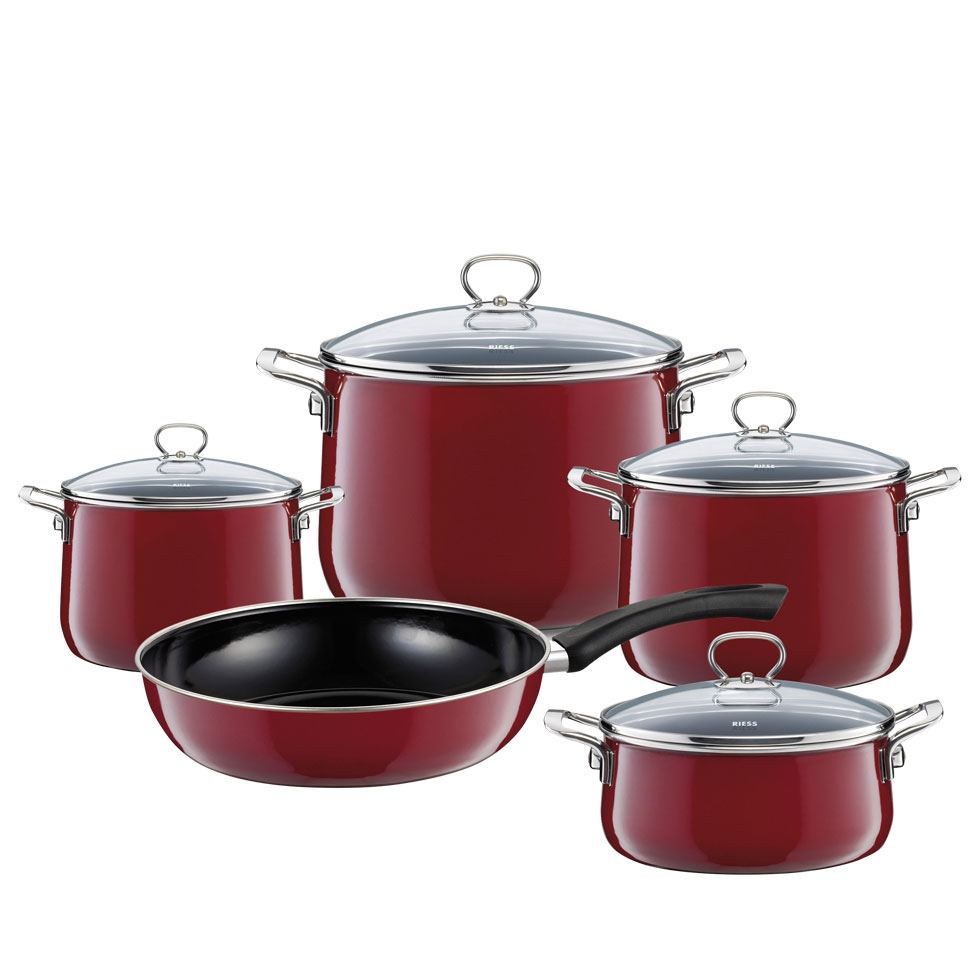Riess-kelomat - Riess Topf-Geschirrset mit Glasdeckel 5-teilig Emaille Nouvelle Rosso extra stark