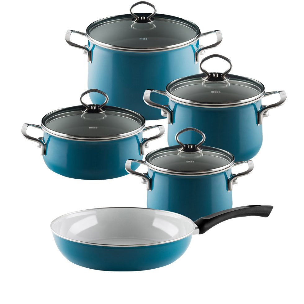 Riess-kelomat - Riess Nouvelle Aquamarin Geschirr Set 5 teilig Emaille extrastark
