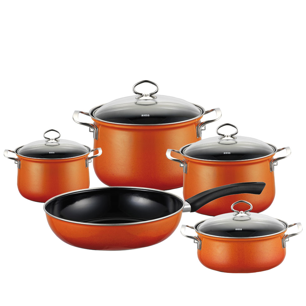 Riess Geschirr Kochtopf Set 5-teilig mit Glasdeckel Emaille Nouvelle Corall