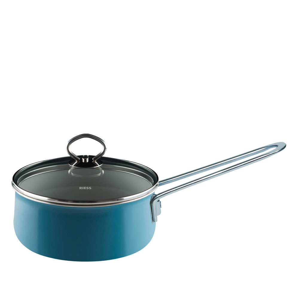 Riess Nouvelle Aquamarin Stielkasserole mit Glasdeckel Ø16cm 1 Liter Emaille extrastark