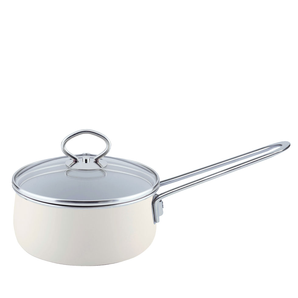 Riess-kelomat - Riess Nouvelle Stielkasserolle mit Glasdeckel Ø16cm 1 Liter Creme Emaille Avorio extrastark