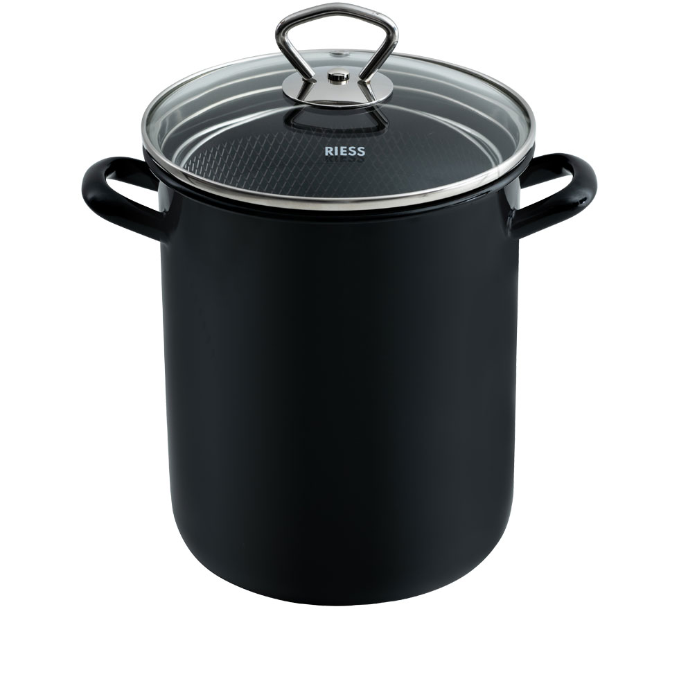 Riess-kelomat - Riess Pasta-Spargeltopf mit Einsatz Ø16cm und Glasdeckel h 273 Emaille schwarz