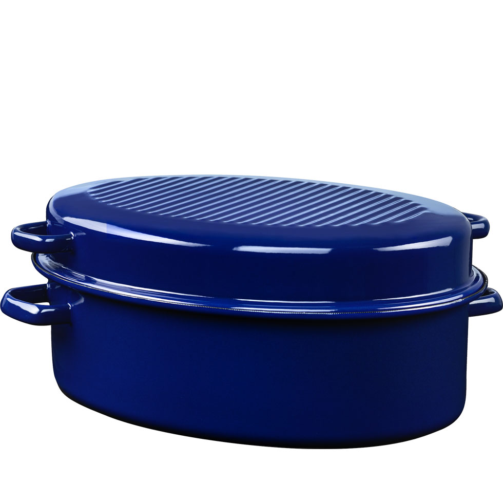 Riess-kelomat - Riess Gänsebräter oval mit Deckel 42cm Backen Braten blau Emaille