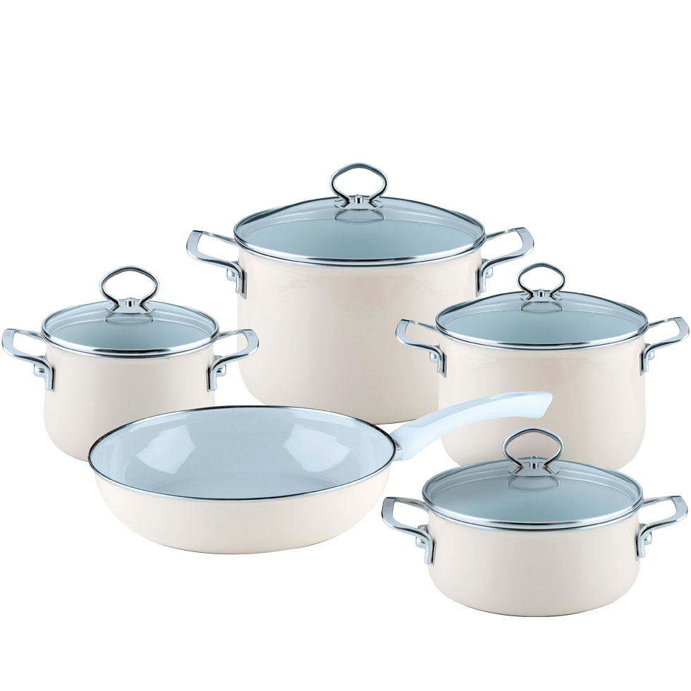 Riess-kelomat - Riess Geschirr- Topfset Nouvelle Avorio extrastark 5-teilig Emaille Induktion