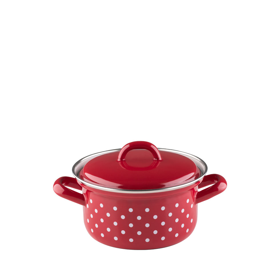 Riess-kelomat - Riess Kasserolle mit Deckel Ø12cm 05 Liter Emaille Country Pünktchen rot