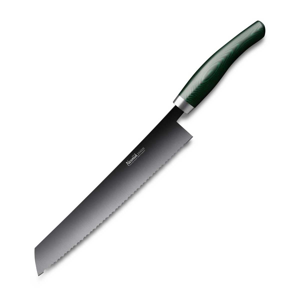 Nesmuk Janus Brotmesser 27 cm - Niobstahl mit DLC-Beschichtung - Griff Micarta grün