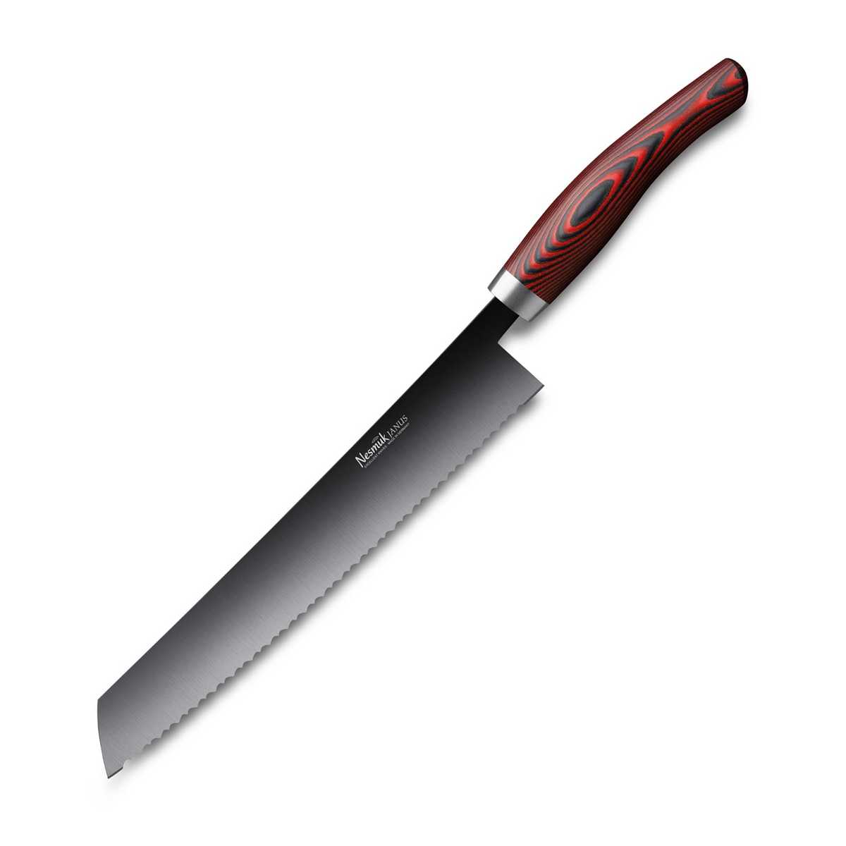 Nesmuk Janus Brotmesser 27 cm / Niob-Hochleistungsstahl mit DLC-Beschichtung und Griff aus rotem Micarta
