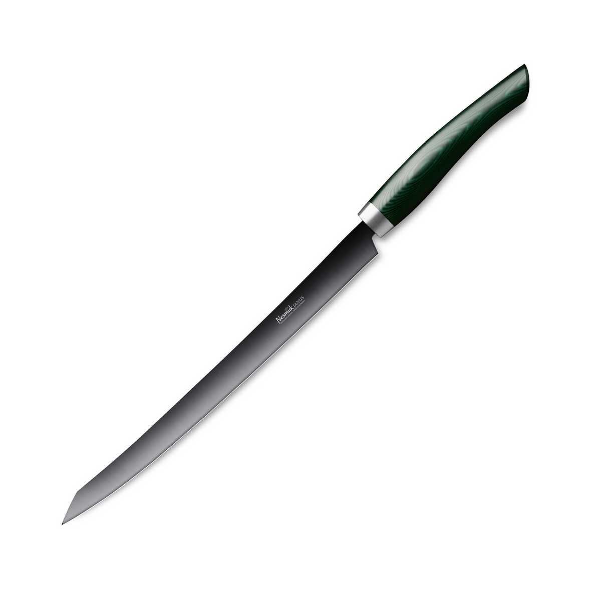 Nesmuk Janus Slicer 26 cm / Niob-Hochleistungsstahl mit DLC-Beschichtung und Griff aus grünem Micarta