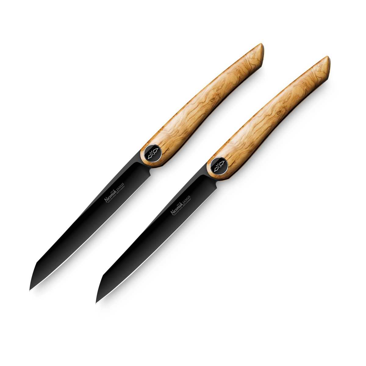 Nesmuk Janus 2-er Set Steakmesser / Tafelmesser 11,5 cm / Spezialstahl mit DLC-Beschichtung und Griff aus Olivenholz