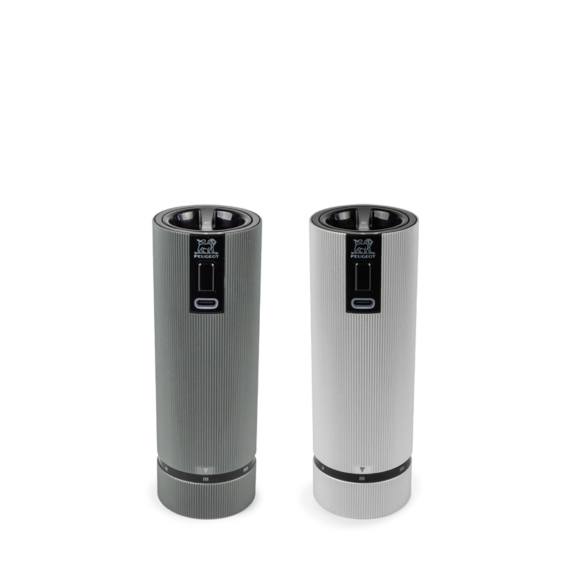 PEUGEOT Set mit wiederaufladbaren elektrischen Salz- und Pfeffermühlen 15cm ELECTRIC-DUO LINE Carbon Alu  grau