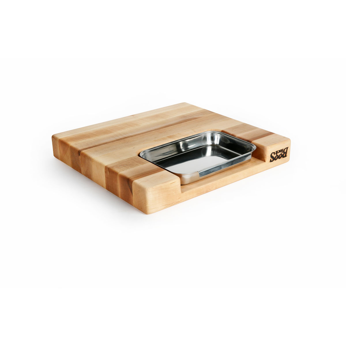 Boos Blocks Prep Masters Schneidebrett 38x35x6 cm mit Saftrille & Edelstahlschale - Ahornholz