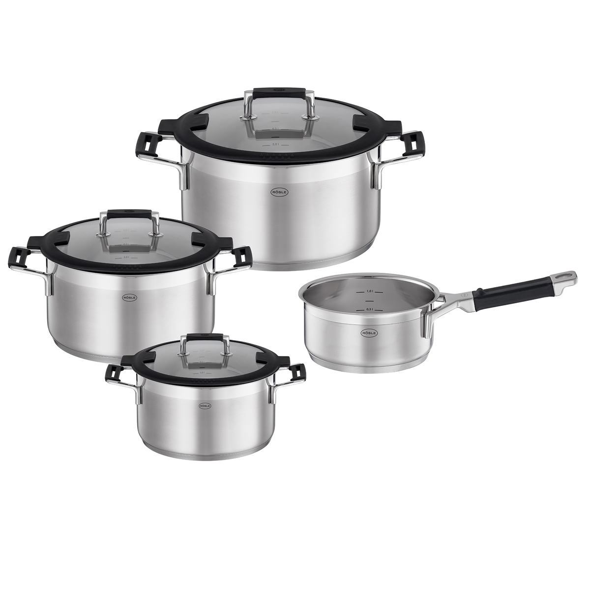 RÖSLE Topf-Set SILENCE PRO Edelstahl 18 10 (Set 7-tlg je 1 Kochtopf Ø 16 20 24 cm 1x Stielkasserolle Ø 16 cm) Innenskalierung und Schüttrand spülmaschinen- und induktionsgeeignet schwarz|silberfarben