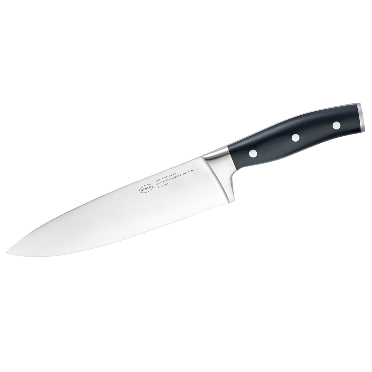 Kochmesser RÖSLE Tradition silber (silberfarben schwarz) Gesamtlänge 34cm Klingenlänge 20cm X50 CrMoV15 Klingenstahl Kochmesser Küchenmesser für Fleisch Fisch und Gemüse Klingenspezialstahl