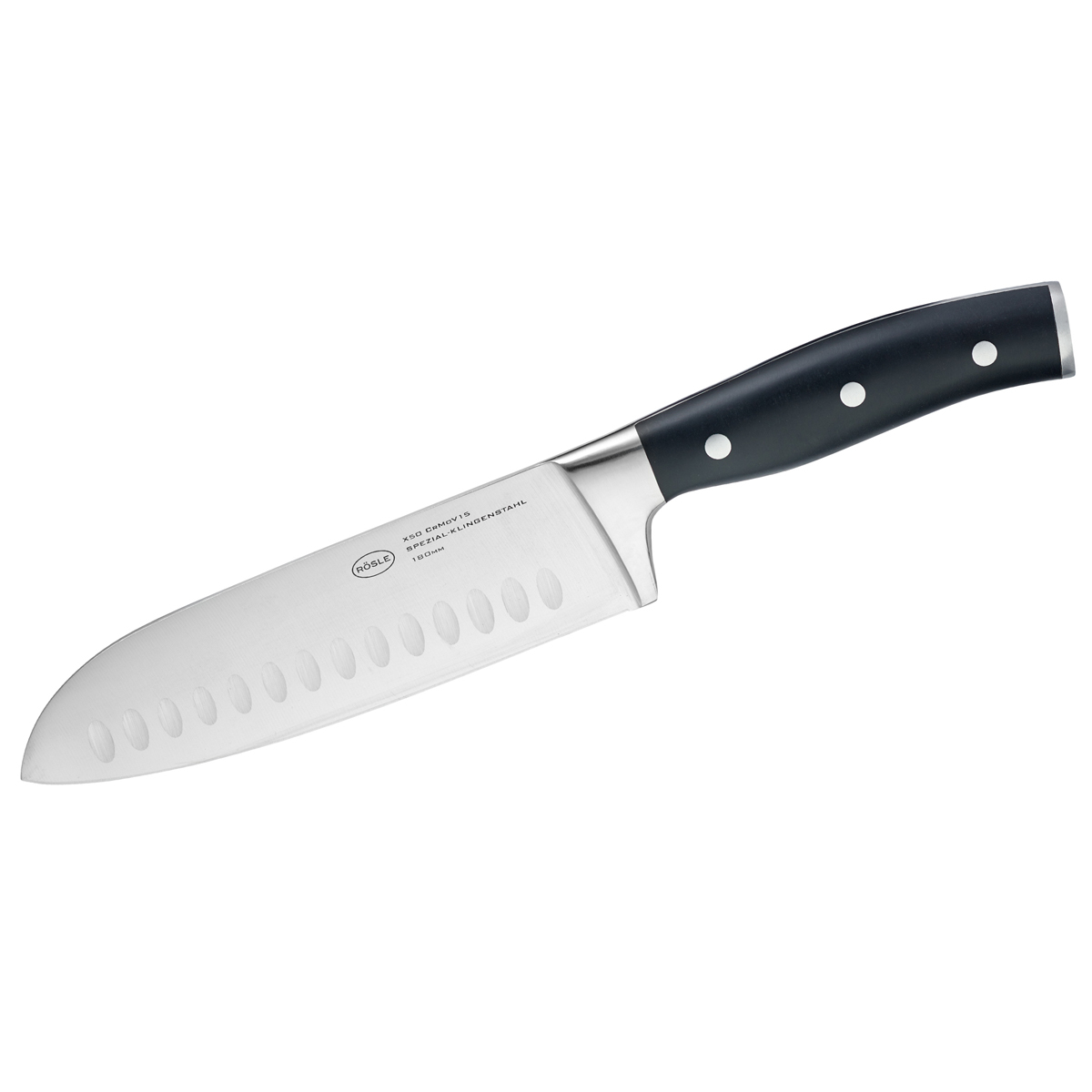 Santokumesser RÖSLE Tradition silber (silberfarben schwarz) Gesamtlänge 315cm Klingenlänge 175cm X50 CrMoV15 Klingenstahl Kochmesser für Fleisch Fisch und Gemüse Kullenschliff Klingenspezialstahl