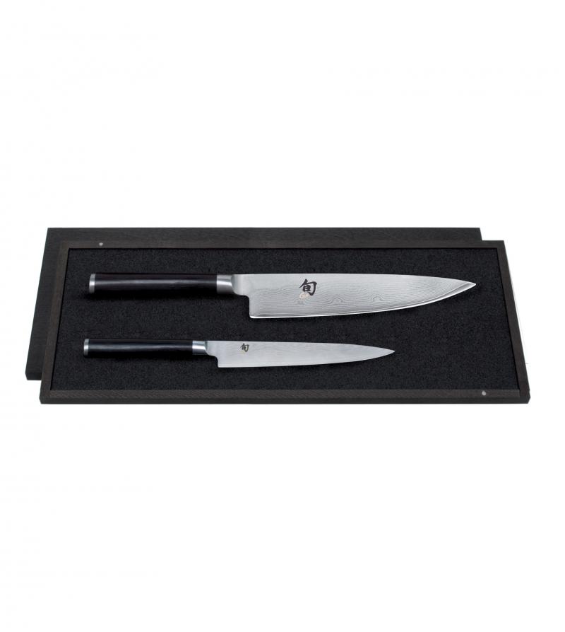 Kai Shun Classic 2-teiliges Messerset mit Allzweckmesser & Kochmesser / Damaststahl mit Griff aus dunklem Pakkaholz