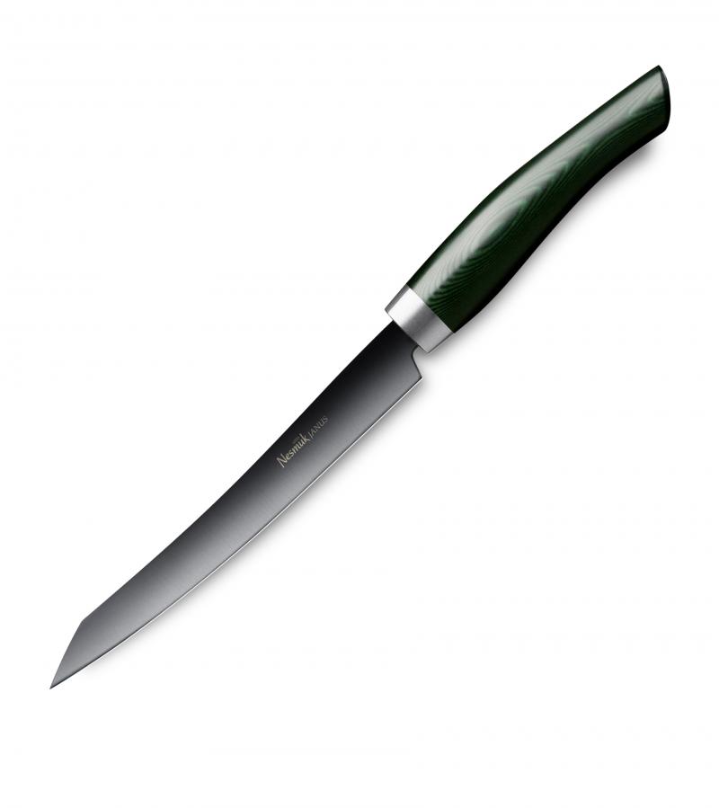 Nesmuk Janus Slicer 16 cm / Niob-Hochleistungsstahl mit DLC-Beschichtung und Griff aus grünem Micarta