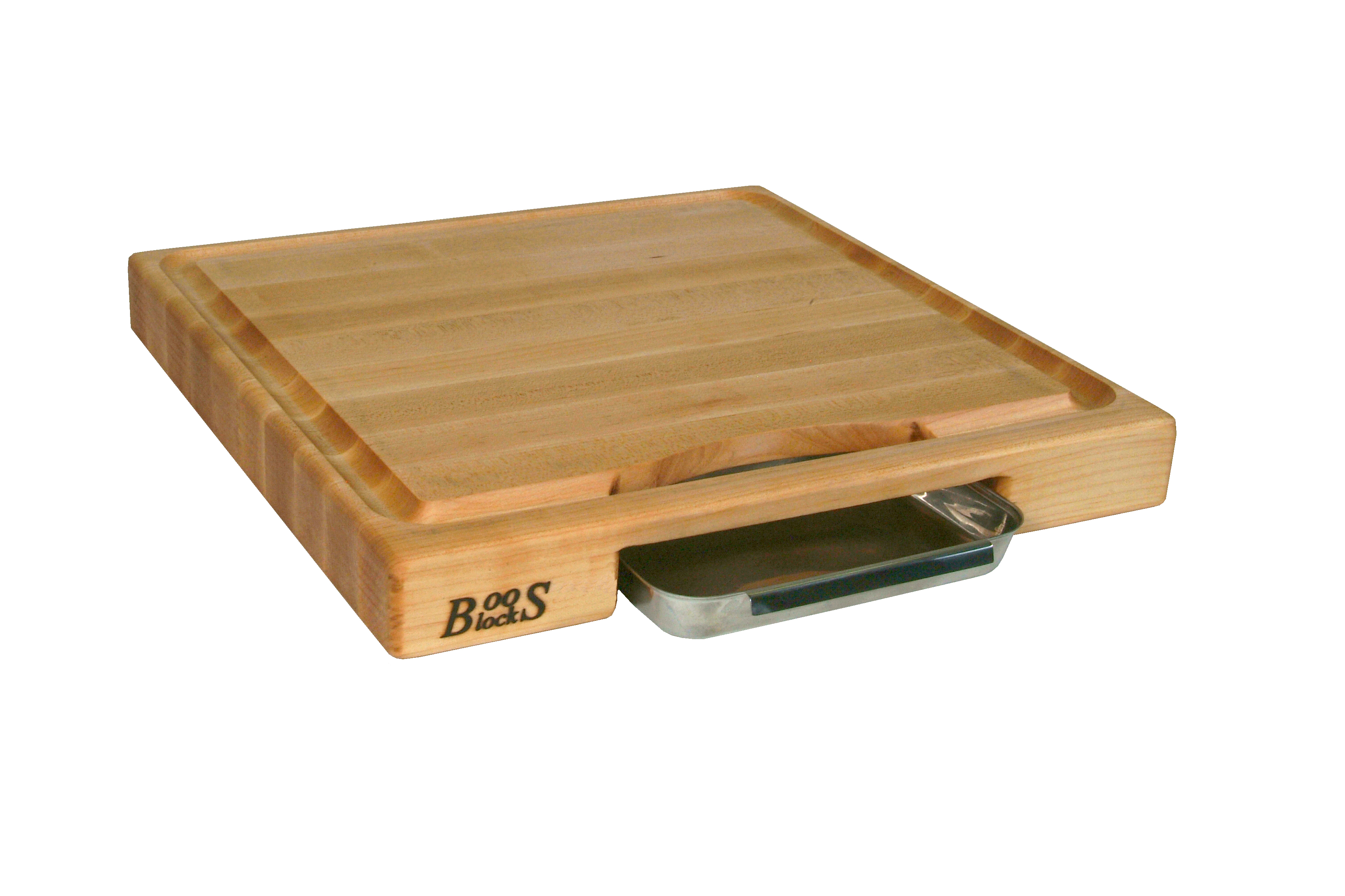 Boos Blocks Prep Masters Schneidebrett 46x46x6 cm mit Saftrille & Edelstahlschale - Ahornholz
