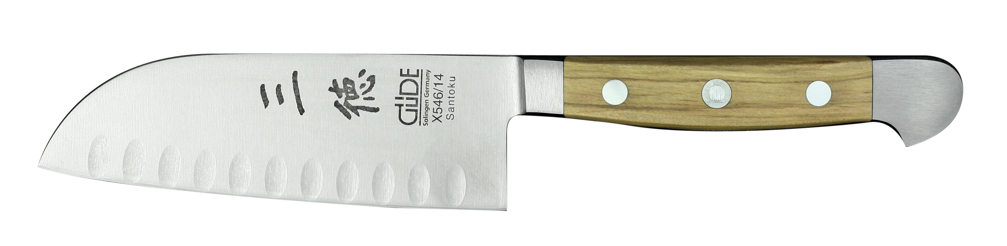 Güde Alpha Olive Santokumesser 14 cm mit Kullen - CVM-Messerstahl - Griffschalen Olivenholz