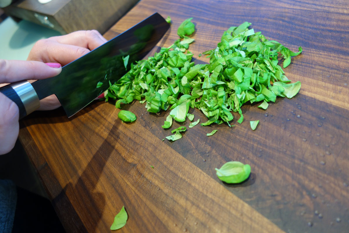 Now the Basil is also cut into small strips